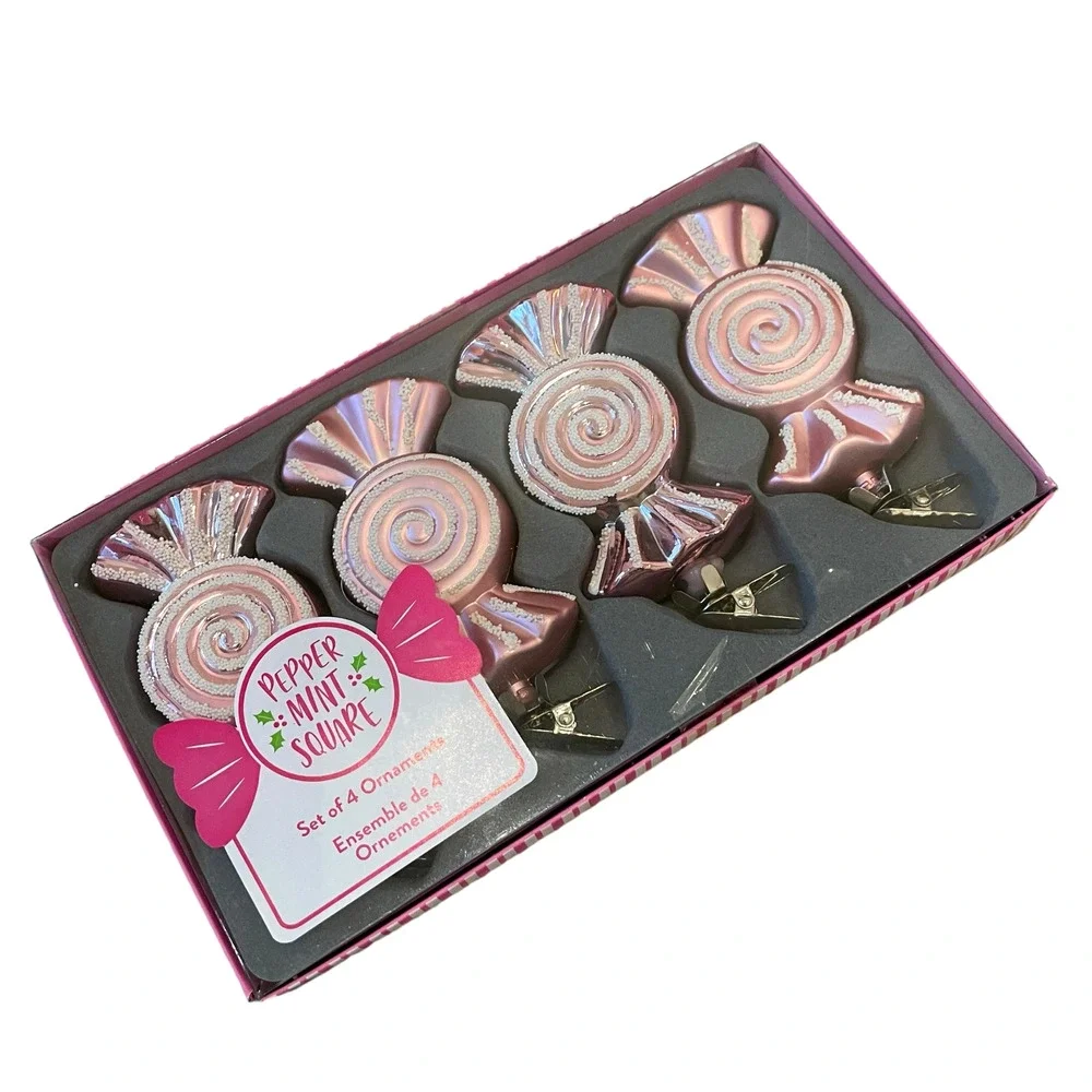 Pepper Mint Square CHRISTMAS CANDY Shaped Clip On Ornaments Set of 4 PINK Swirl